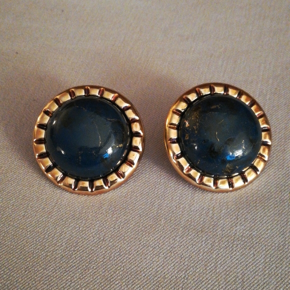 Vintage Dark Blue & Gold Earrings - Picture 1 of 4